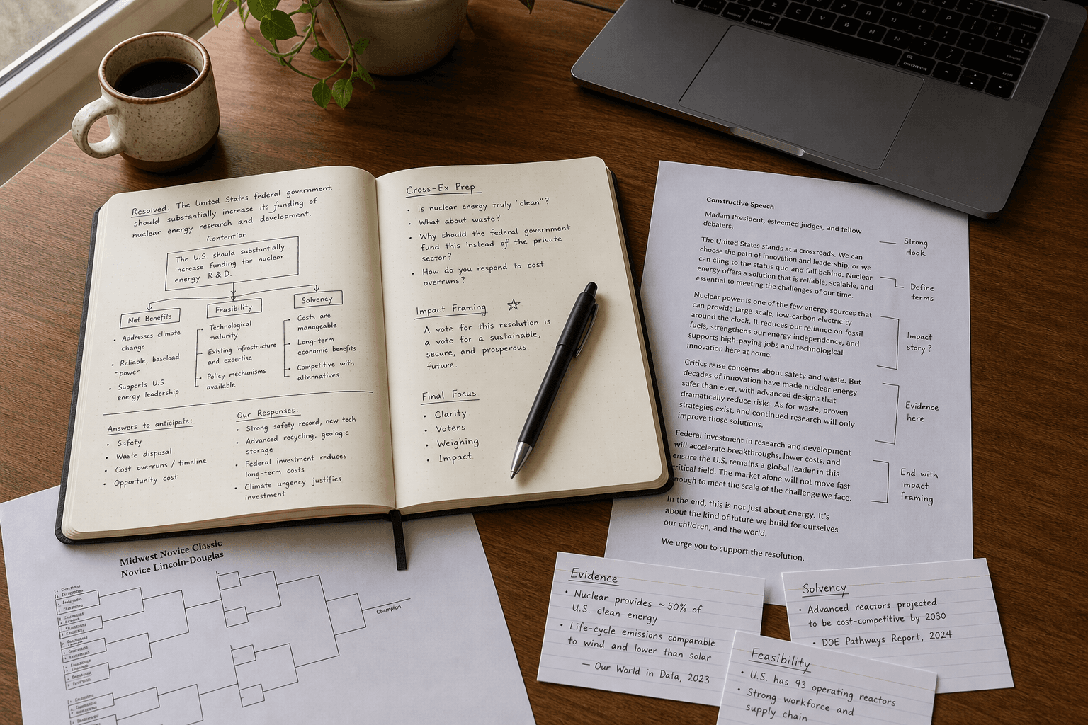 An overhead view of debate preparation materials on a wooden desk.