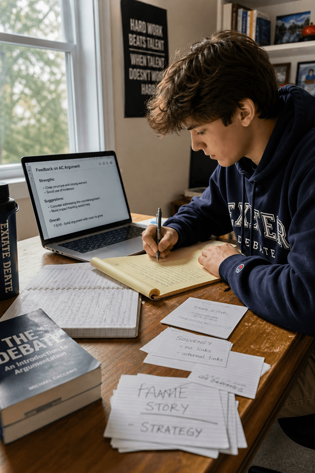 A focused high school student studying debate at a desk with a laptop and handwritten notes.