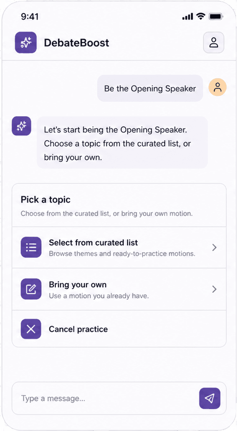 DebateBoost mobile screen showing topic selection.